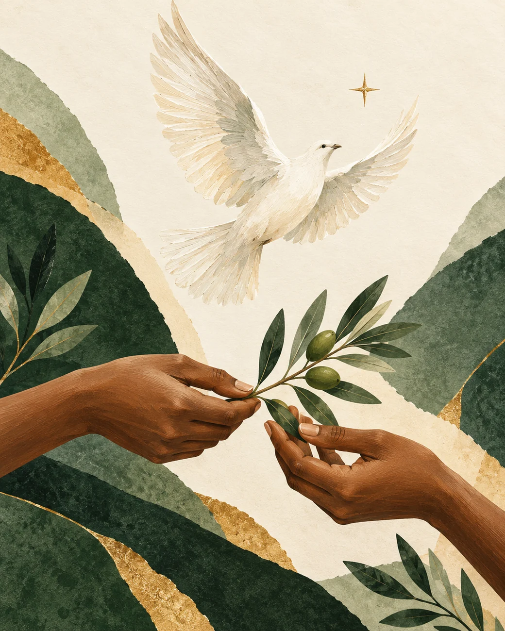 Two hands gently share an olive branch beneath a rising dove and guiding star, in an original paper-textured illustration of faith and compassion.